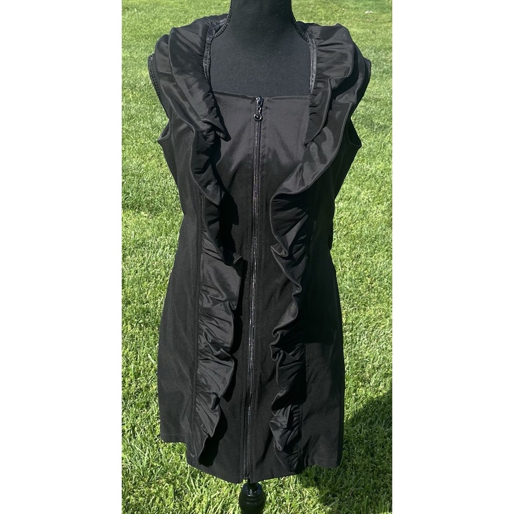 Samuel Dong Dress Front Zipper Moldable Ruffled Belted Taffeta Black Small